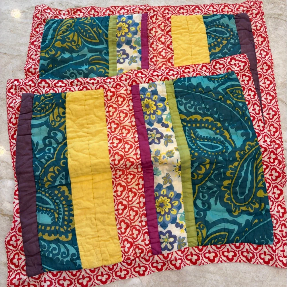 Anthropologie‎ Quilted Cotton Pillow Shams Pair 20x26 Patchwork Boho